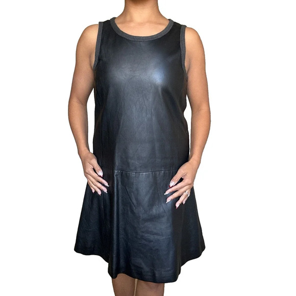 THEORY Nidan C Black Lambskin Leather Sleeveless Drop Waist Dress Size 8 - Picture 1 of 16